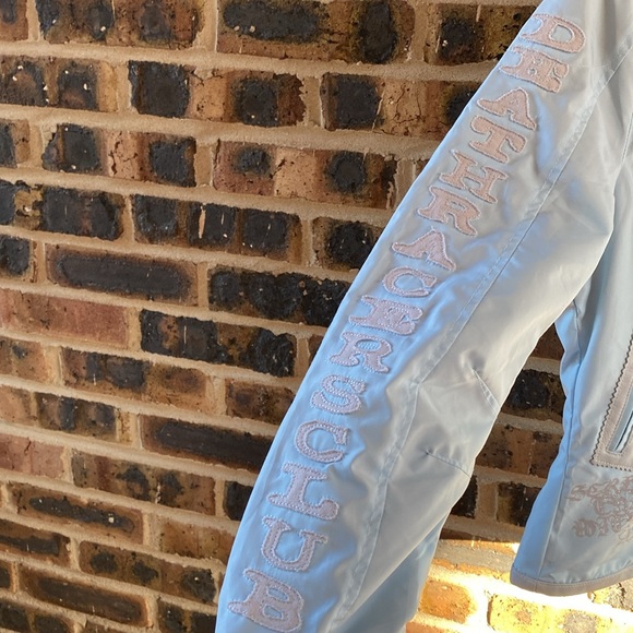 Super G Psycho embroidered logo/skulls graphic zip jacket leather trim, W’s M - Picture 8 of 12